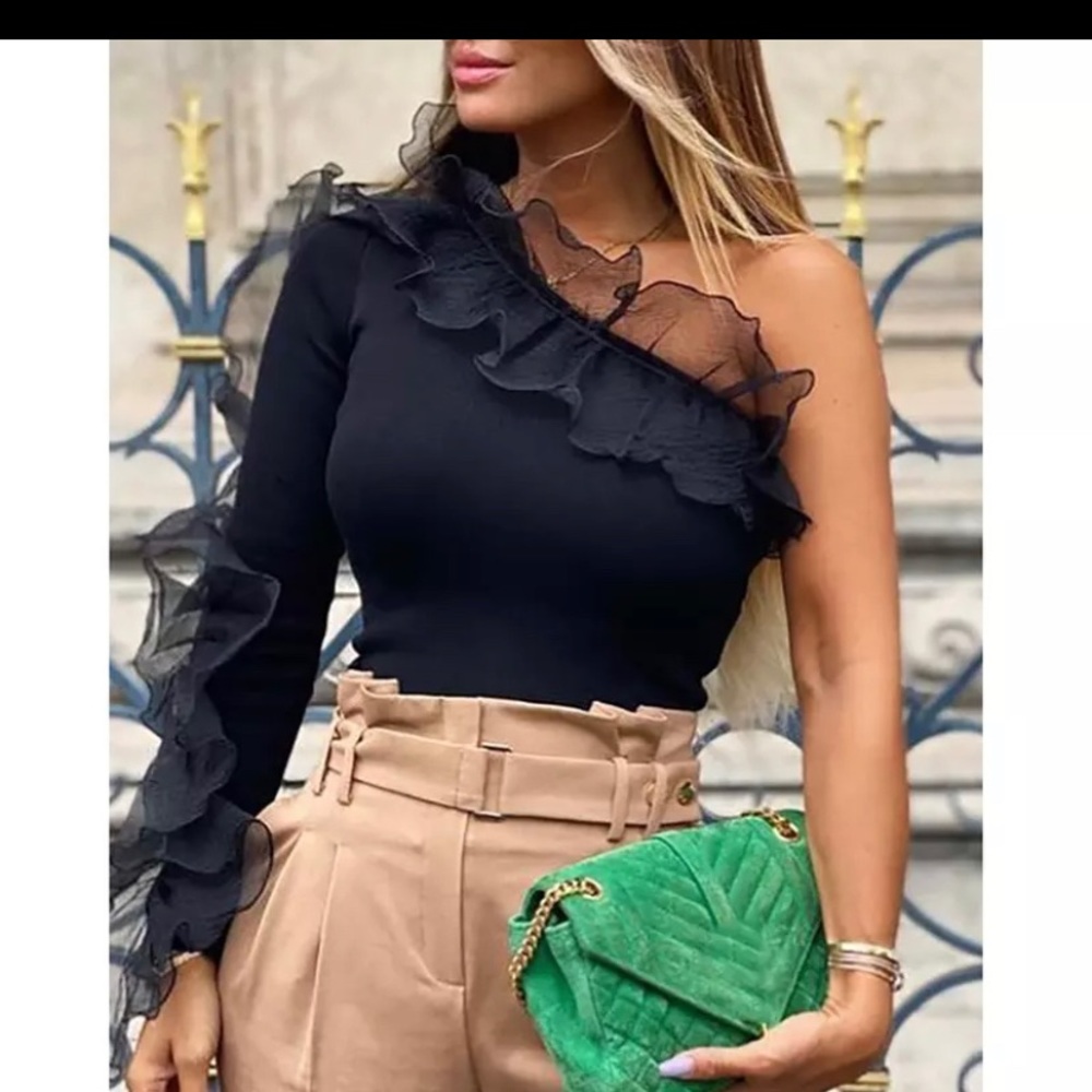One Shoulder Mesh Ruffles Patchwork Top Long M - image 2